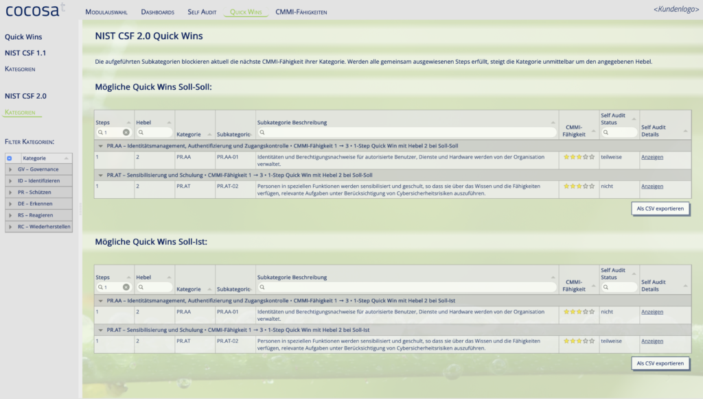 NIST CSF Self Audit Quick Wins Beispiel